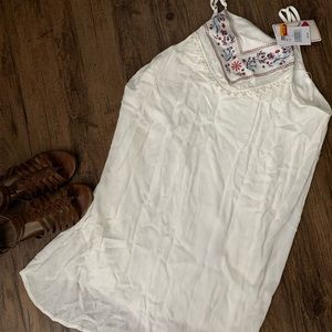 Red and blue embroidered floral white dress